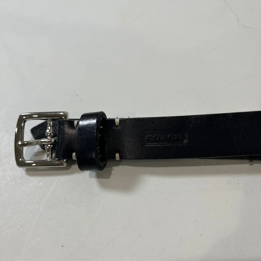 Vtg Coach Leather Belt Women 44 Black Silver Buckle Classic Minimalist Luxury
